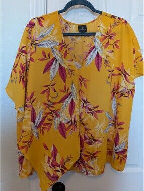 Worthington Women's Yellow Pink White Floral V-Neck Chiffon Blouse XL